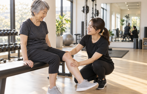 碧南のジムPisteでトレーナーに膝の状態を確認してもらいながら運動を始める60代の女性
