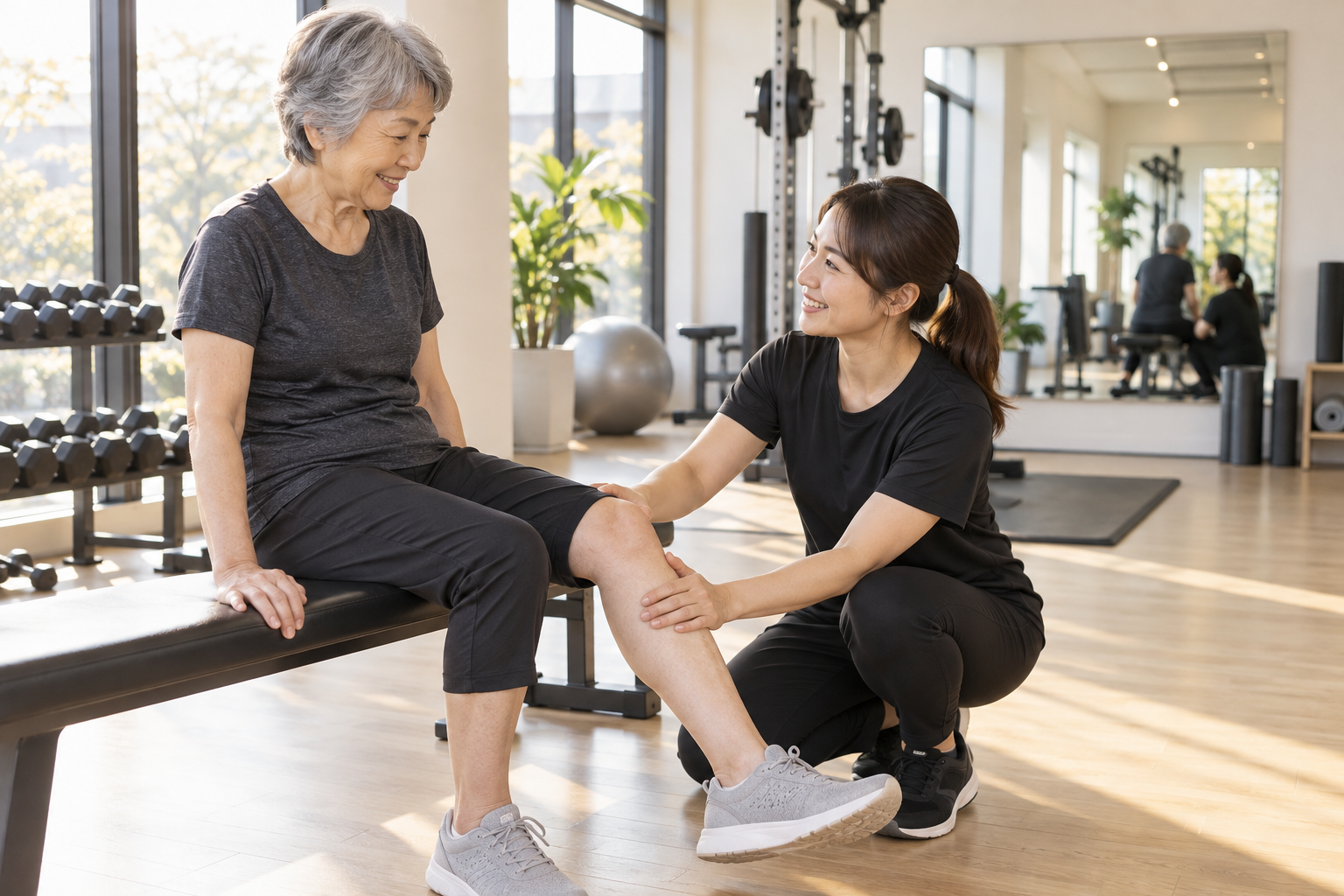 碧南のジムPisteでトレーナーに膝の状態を確認してもらいながら運動を始める60代の女性