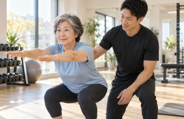 碧南のパーソナルトレーニングPisteでトレーナーに見守られながらスクワットをする60代の女性