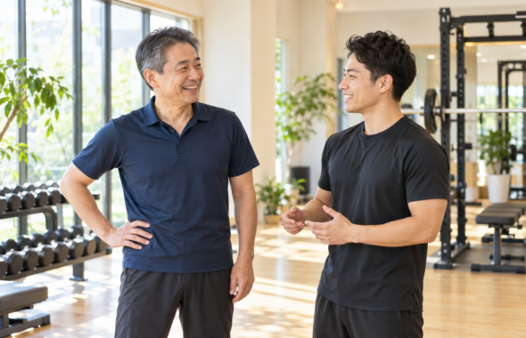 碧南のパーソナルトレーニングPisteでトレーナーと笑顔で話すゴルフ好きの50代男性