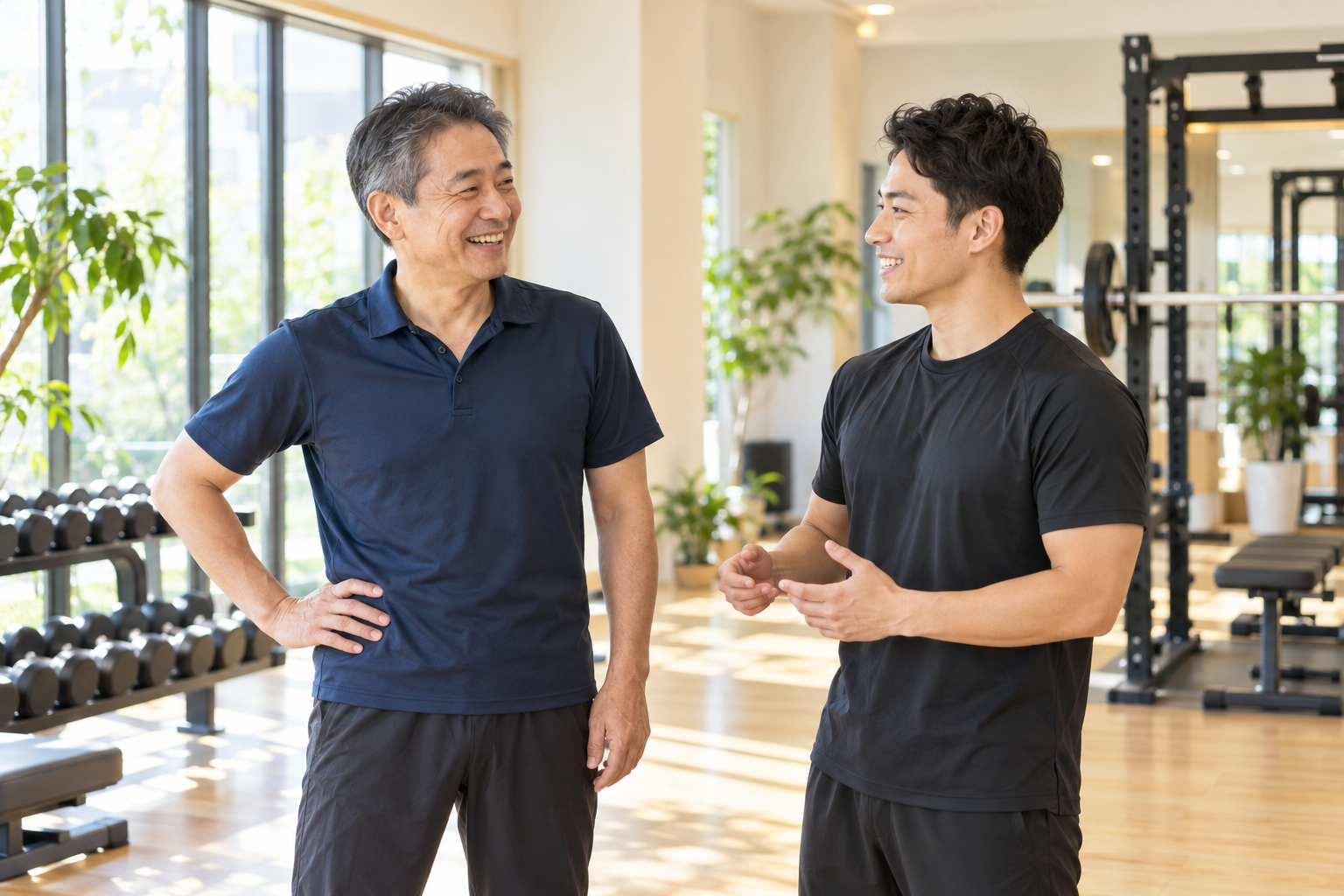 碧南のパーソナルトレーニングPisteでトレーナーと笑顔で話すゴルフ好きの50代男性