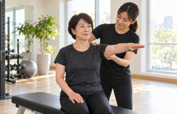碧南のストレッチPisteでトレーナーに肩の動く範囲を確かめてもらう50代の女性
