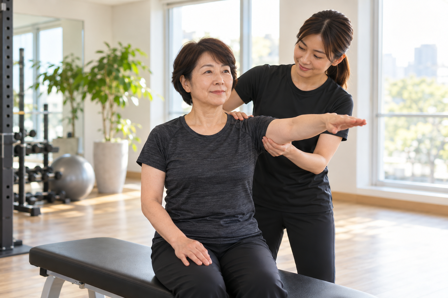 碧南のストレッチPisteでトレーナーに肩の動く範囲を確かめてもらう50代の女性