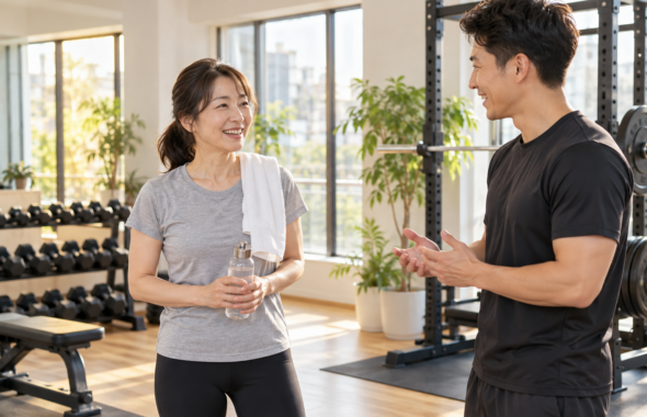 碧南のパーソナルジムPisteでトレーナーと笑顔で話す立ち仕事の40代女性