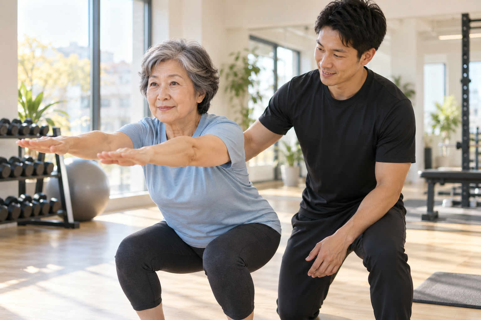 碧南のパーソナルトレーニングPisteでトレーナーに見守られながらスクワットをする60代の女性