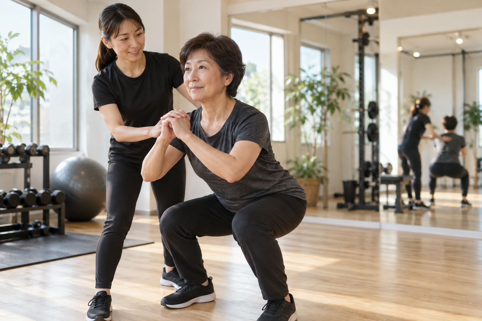 碧南市のジムPisteでトレーナーに見守られながら骨を守るスクワットをする50代の女性