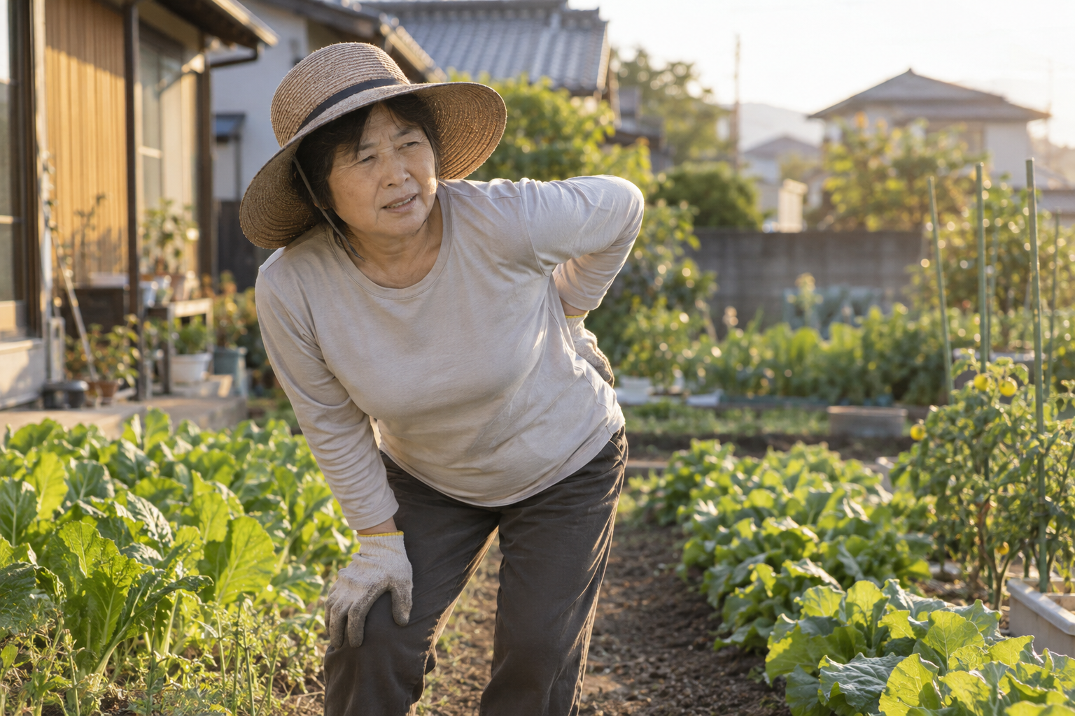 畑でしゃがんで作業したあと腰に手を当てて立ち上がりかける60代の女性