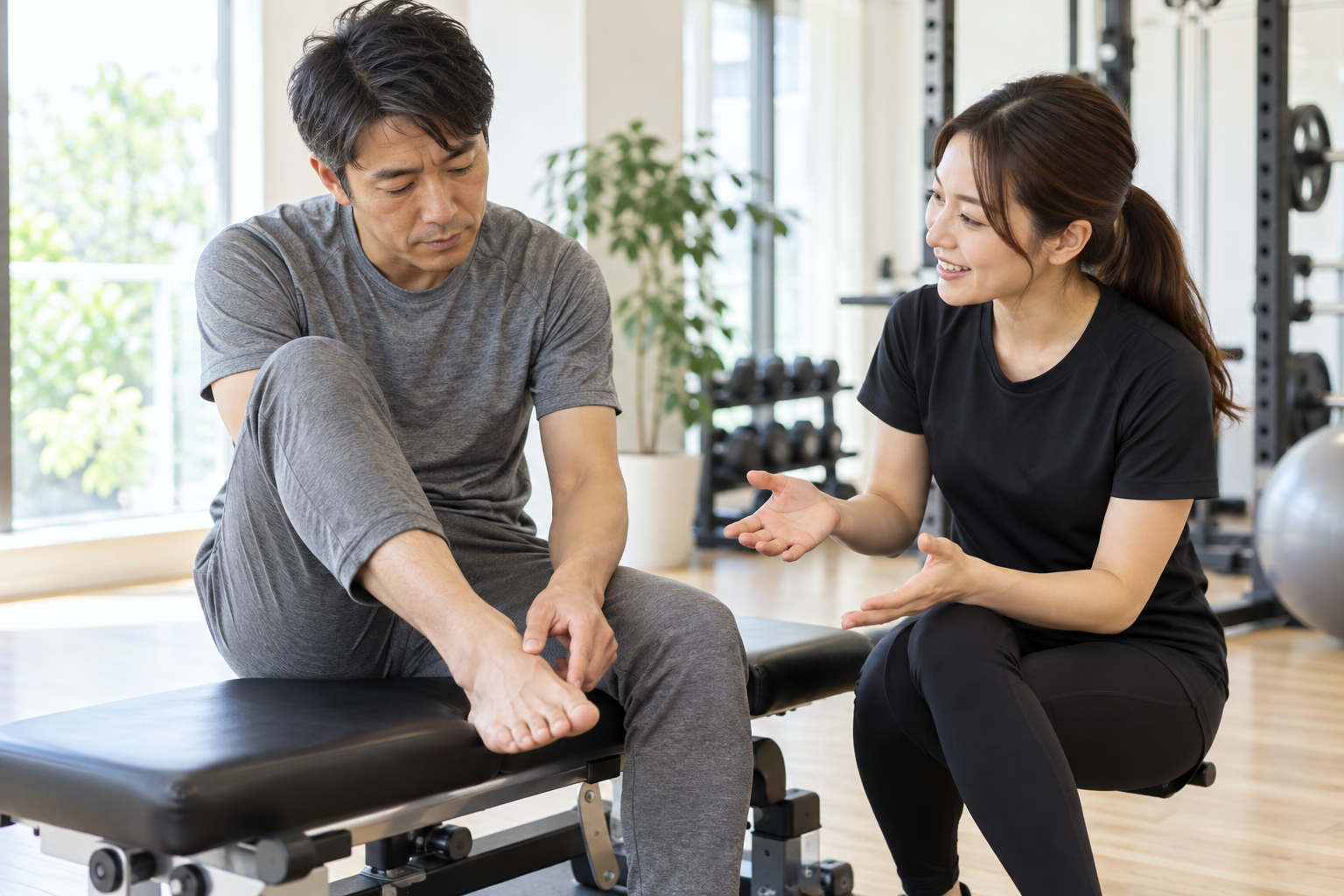 碧南のジムPisteでトレーナーが尿酸値と痛風のしくみを初回カウンセリングで説明する様子
