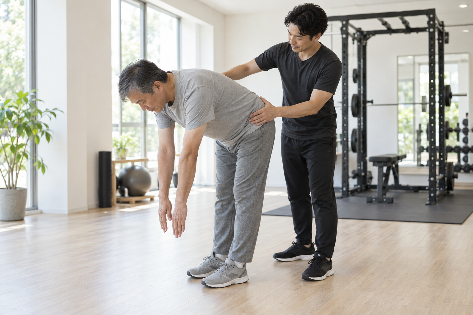 碧南のストレッチPisteでトレーナーが股関節の動きを確認しながら前屈の姿勢をチェックする50代の男性