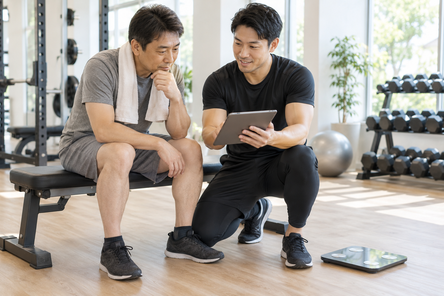 碧南のパーソナルジムPisteで体組成計の結果をトレーナーと一緒に確認する40代の男性