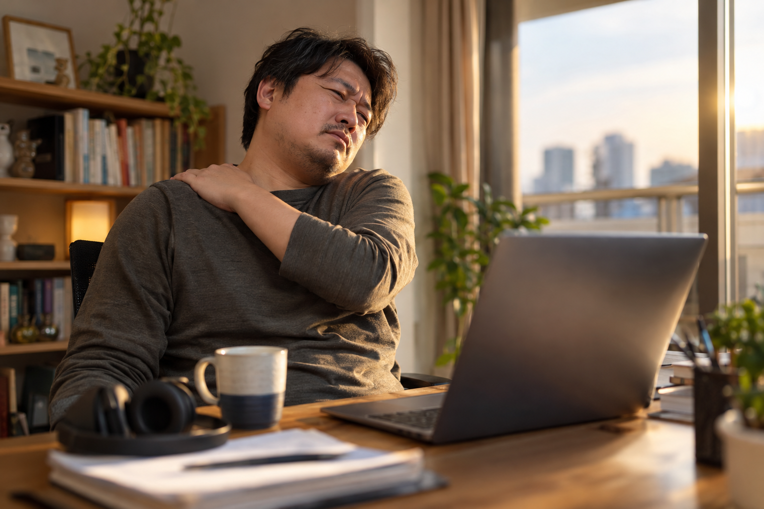 自宅のデスクで長時間座ったまま肩に手を当てる在宅勤務中の40代男性