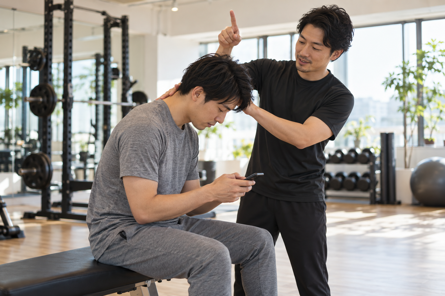 碧南のストレッチPisteでトレーナーがスマホを見る姿勢と首への負担の関係を説明する様子