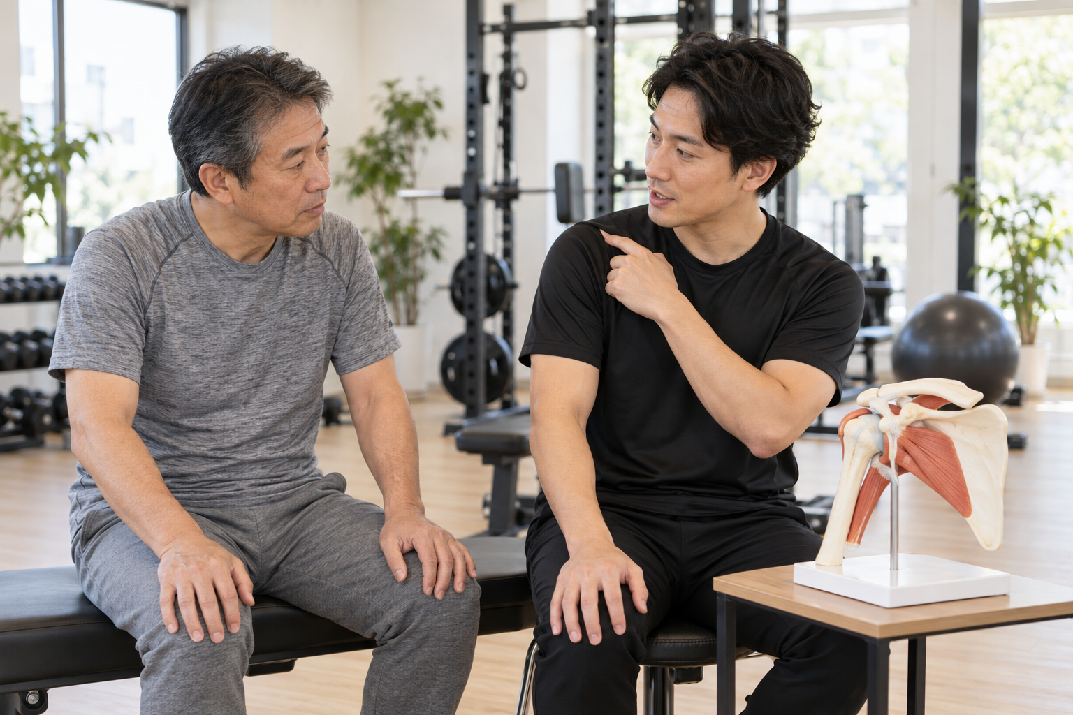 碧南のストレッチPisteでトレーナーが肩関節のしくみと五十肩と肩こりの違いを説明する様子