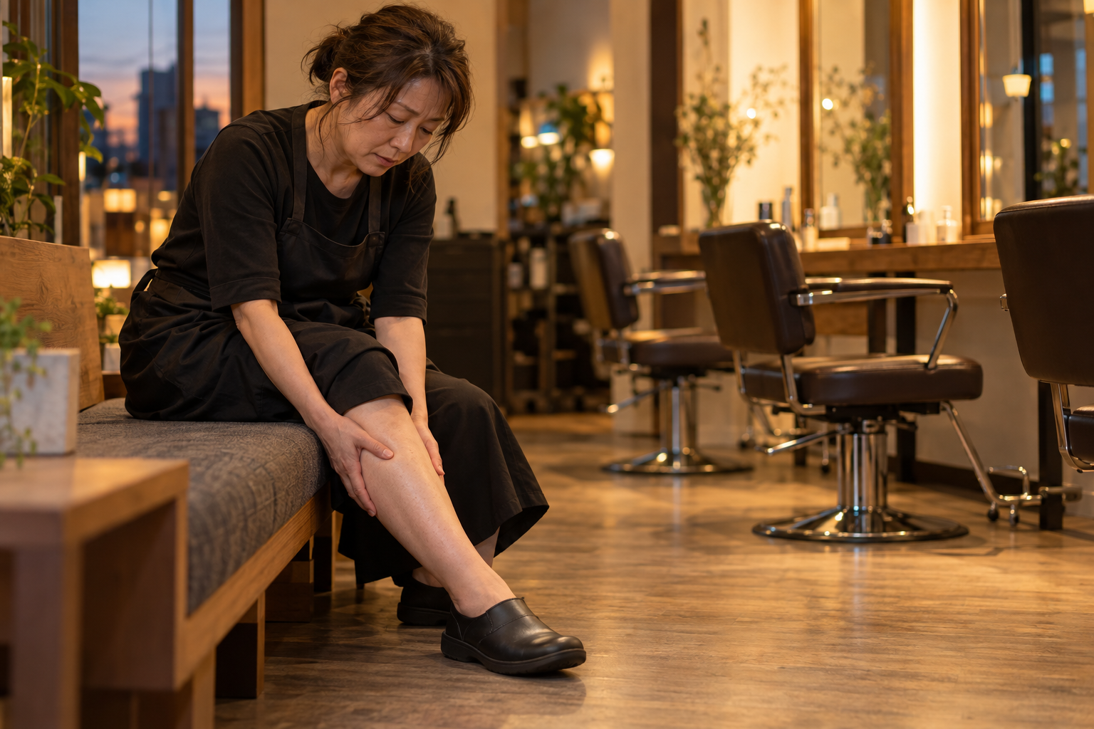 立ち仕事の帰り道にふくらはぎをさする40代女性