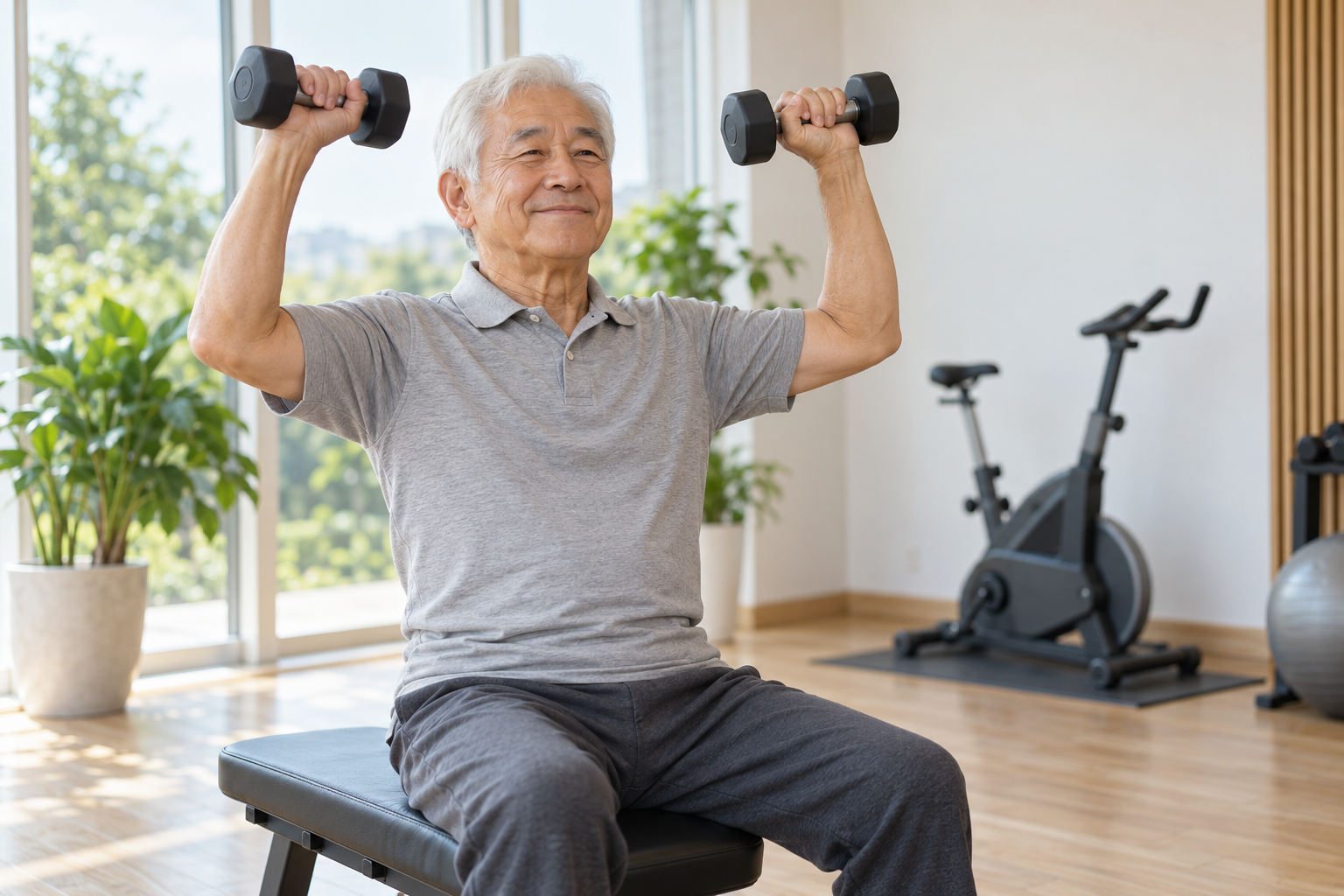 碧南のパーソナルトレーニングPisteで軽いダンベルを使ってトレーニングする70代の男性