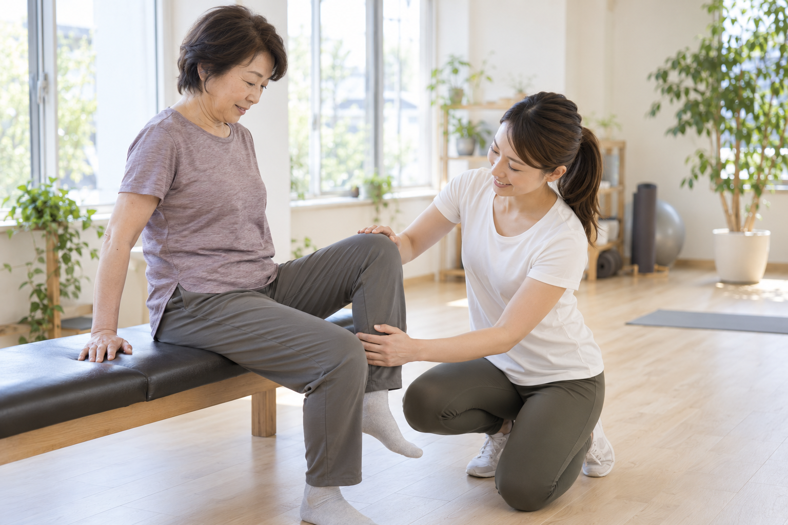碧南のストレッチPisteで初回の相談をしながら股関節の動きをトレーナーに確認してもらう60代女性