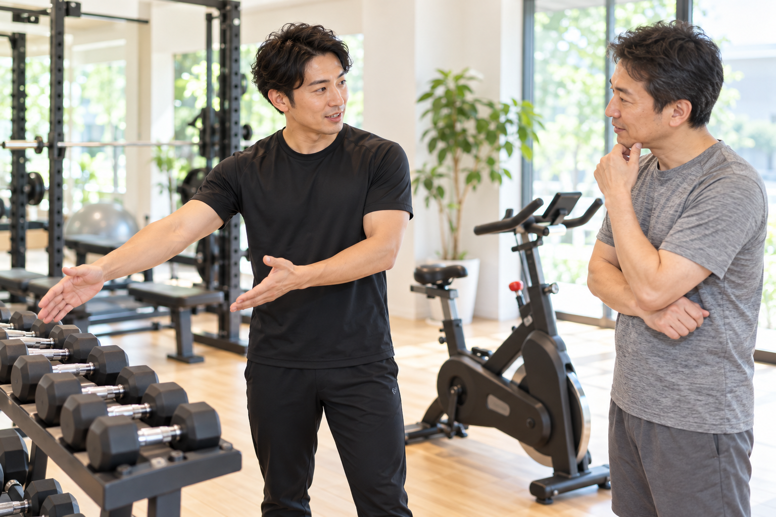 碧南市のジムPisteでトレーナーが有酸素運動と筋トレが肝臓の脂肪に効くしくみを説明する様子