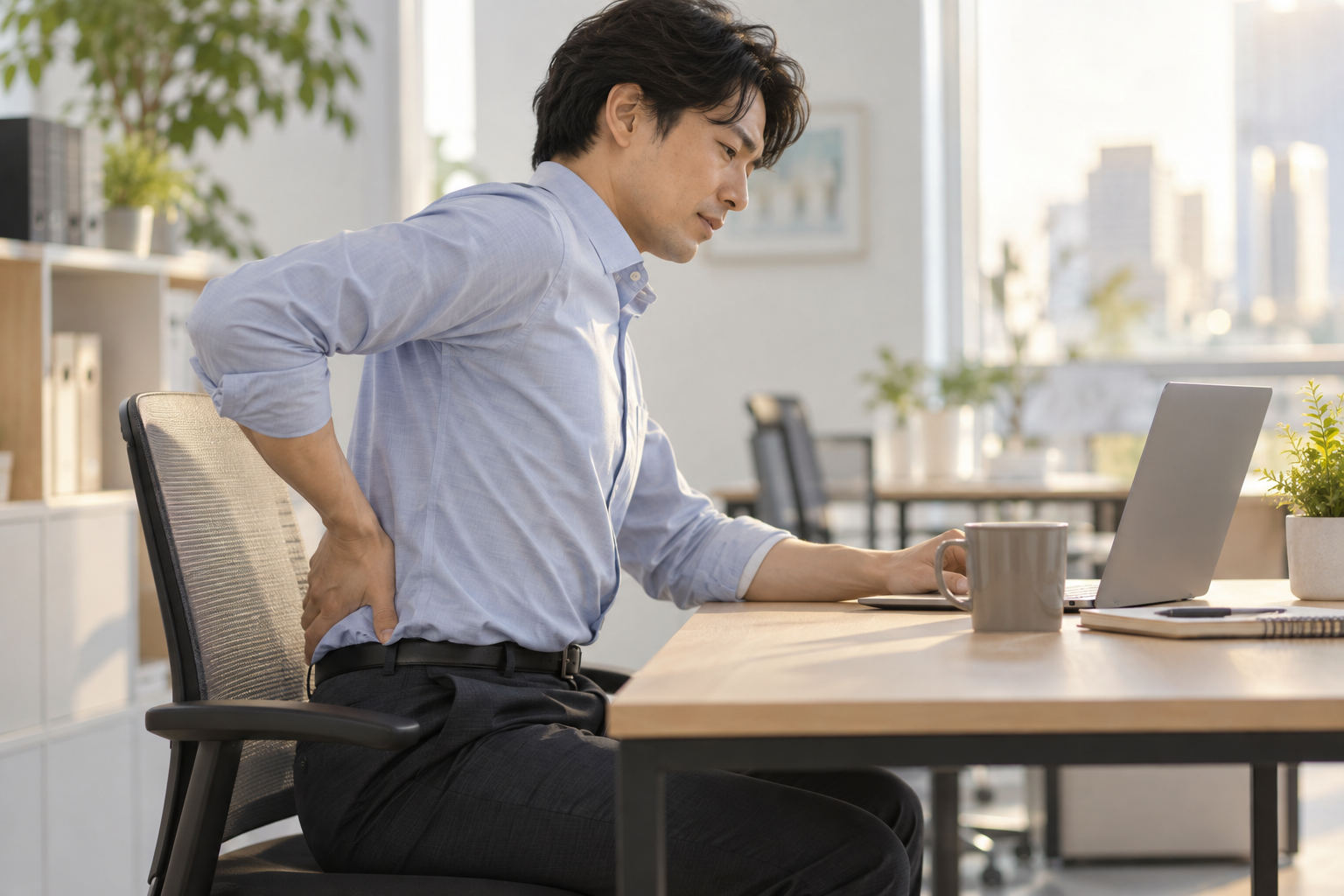 長時間のデスクワークで椅子に座り続ける30代の男性の横からの姿