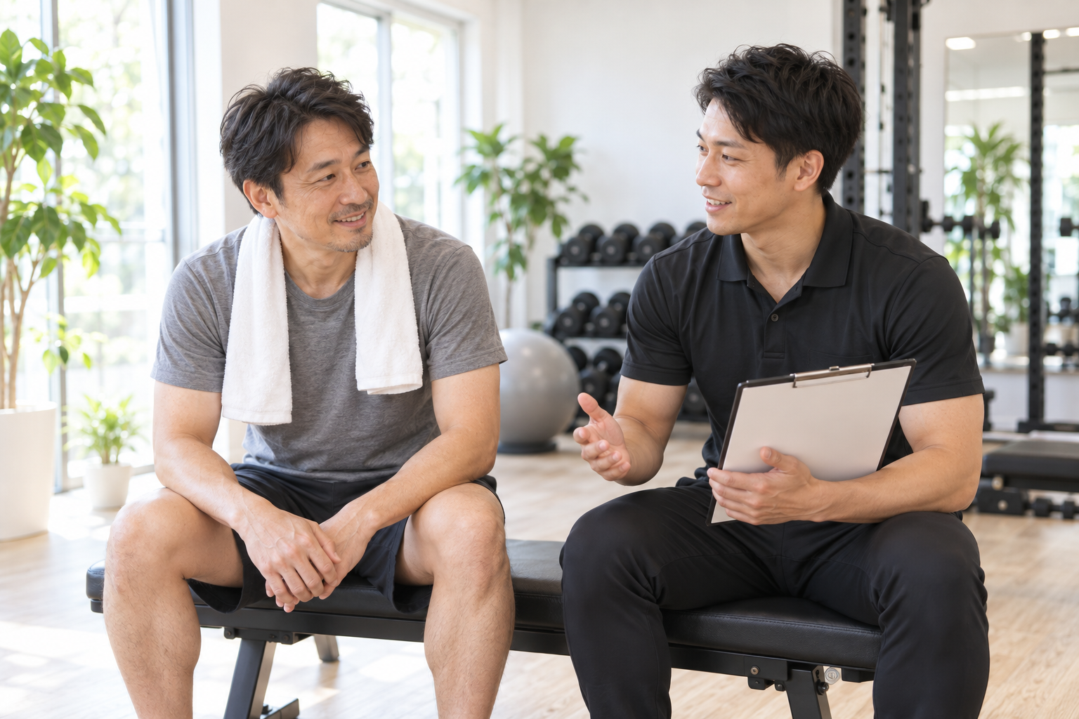 碧南のジムPisteで初回カウンセリングを受けながら1日の過ごし方をトレーナーに相談する40代男性