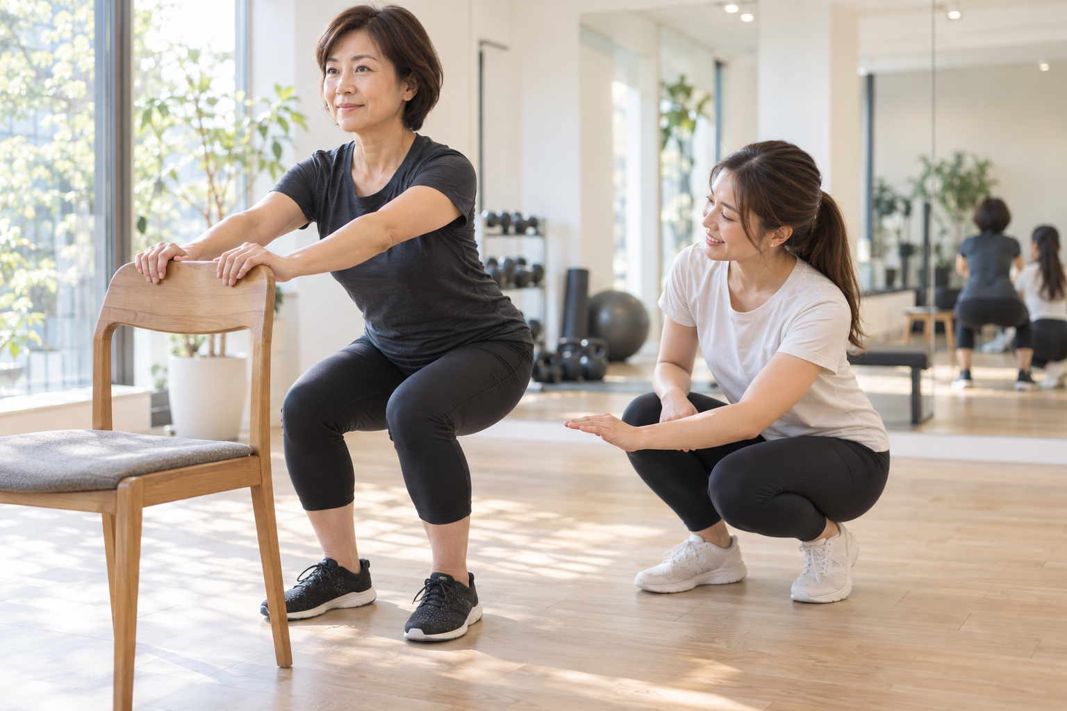 碧南のジムPisteでトレーナーが膝に負担のかかるフォームと安全なフォームの違いを示す様子