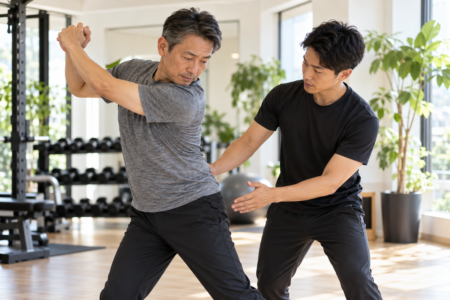 碧南のパーソナルトレーニングPisteで股関節の動きをトレーナーに確認してもらう50代男性