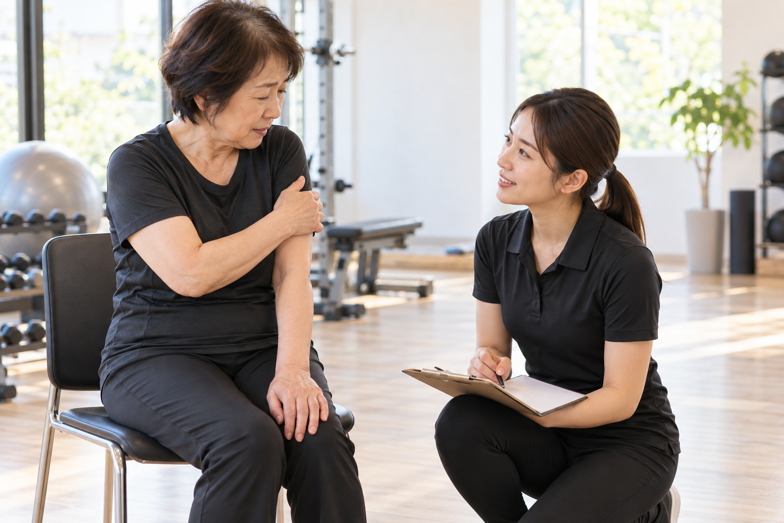 碧南のストレッチPisteでトレーナーが五十肩の痛みの時期を聞き取りながら肩の状態を確かめる様子