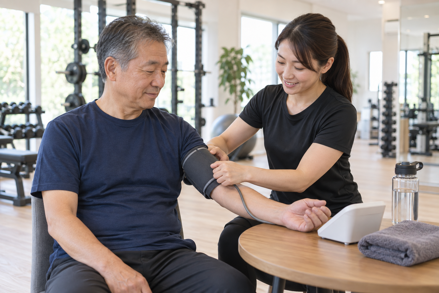 碧南のパーソナルトレーニングPisteで運動前に血圧を測ってもらう60代の男性