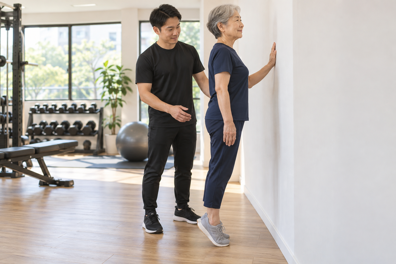 碧南市のジムPisteで壁に手を添えてかかと落としをする60代の女性と見守るトレーナー
