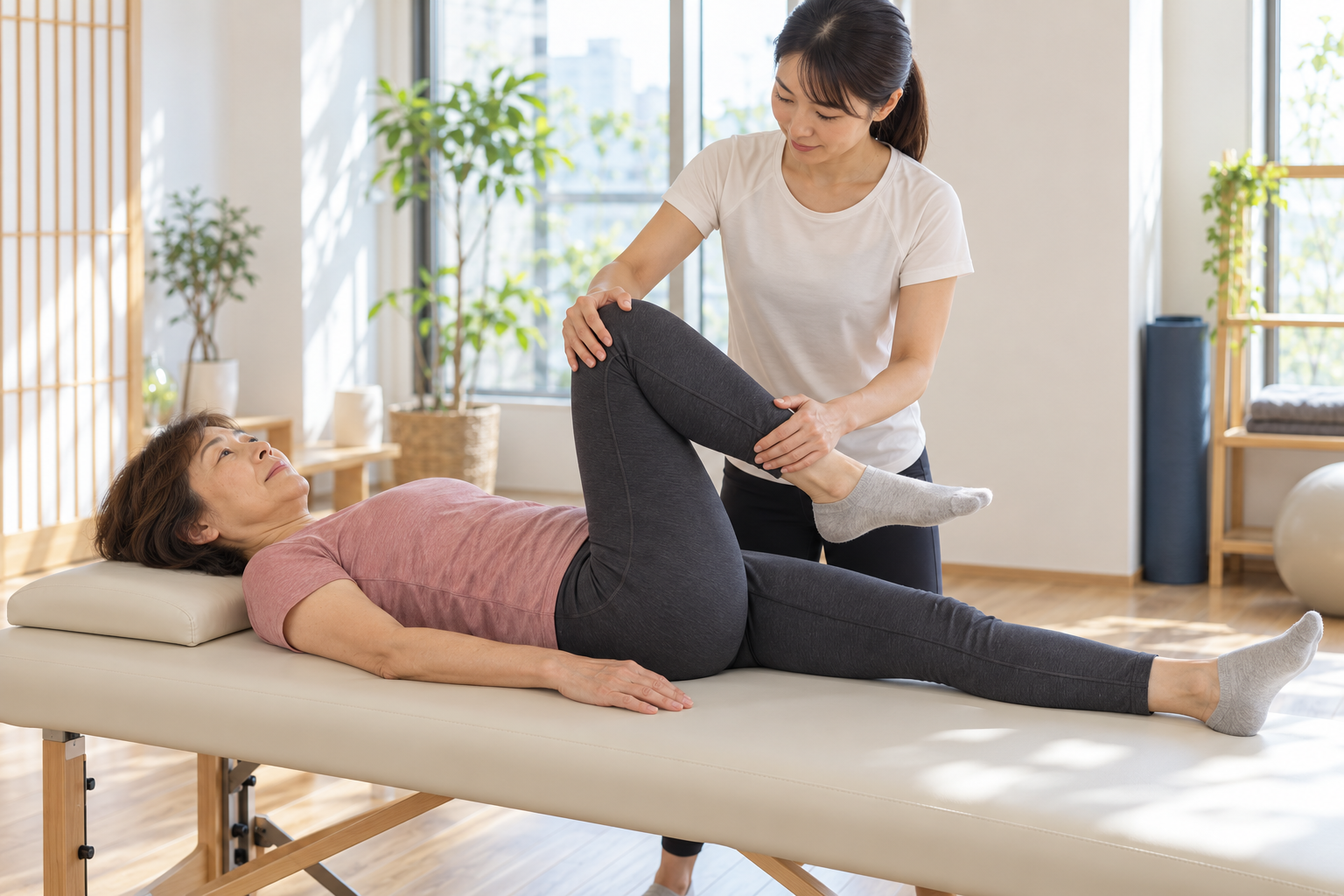 碧南のストレッチPisteで仰向けになり股関節の曲がる角度をトレーナーに測ってもらう60代女性