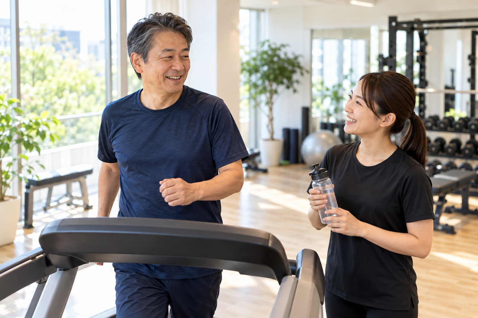 碧南のジムPisteでトレーナーと一緒に無理のないペースでウォーキングマシンを使う50代の男性