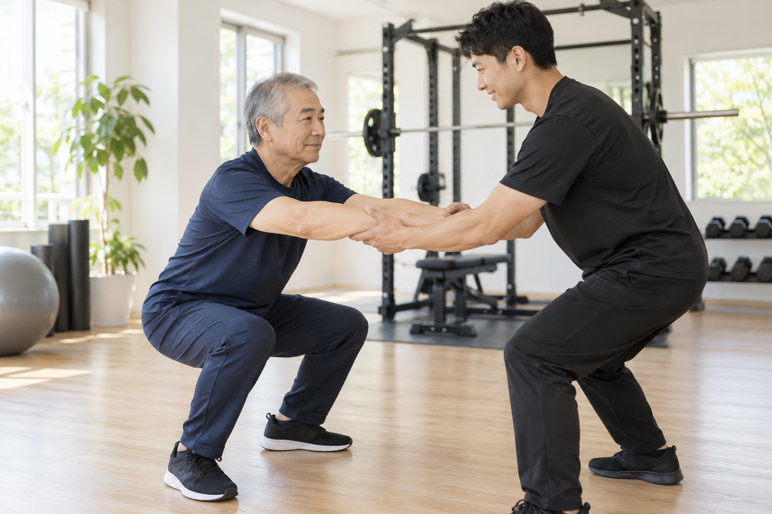 碧南のパーソナルジムPisteでトレーナーがスクワットのフォームを手で支えながら指導する60代の男性