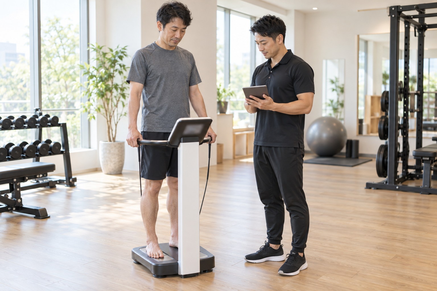碧南のジムPisteで体組成の測定結果をトレーナーと確認する40代男性