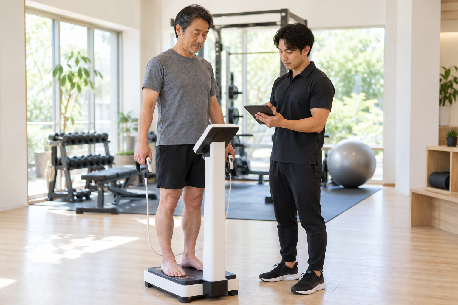 碧南のパーソナルトレーニングPisteで体組成の測定結果をトレーナーと確認する50代男性