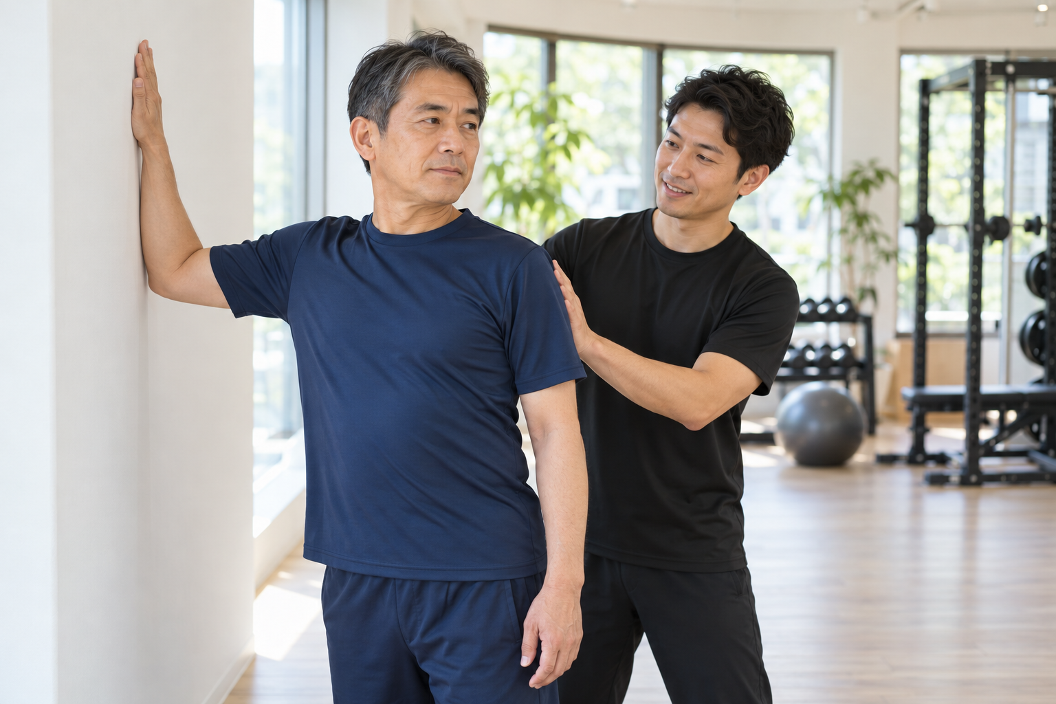 碧南のストレッチPisteで胸を開くストレッチと肩甲骨を動かす運動を行う50代の男性