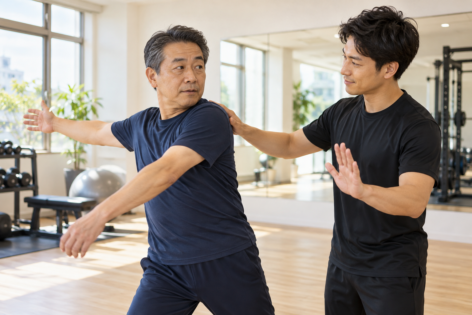碧南のストレッチPisteでトレーナーが肩を無理に回すセルフケアの注意点を伝える様子