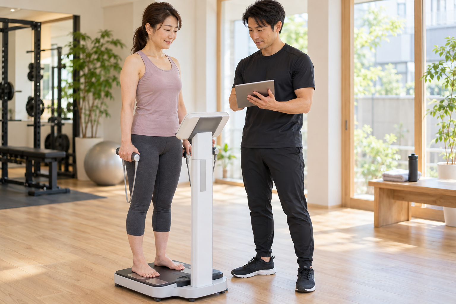 碧南のパーソナルジムPisteで体組成の測定結果をトレーナーと確認する40代女性