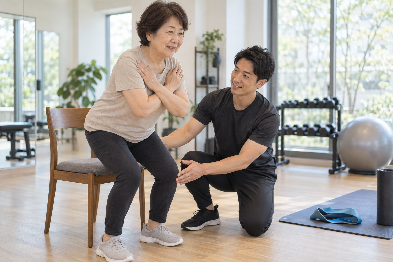 碧南のパーソナルトレーニングPisteで椅子を使った立ち上がり運動をトレーナーが指導する様子