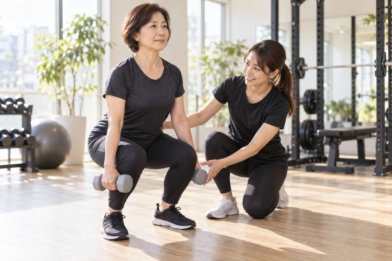 碧南市のジムPisteで軽いダンベルを持ってスクワットをする50代の女性とフォームを確認するトレーナー