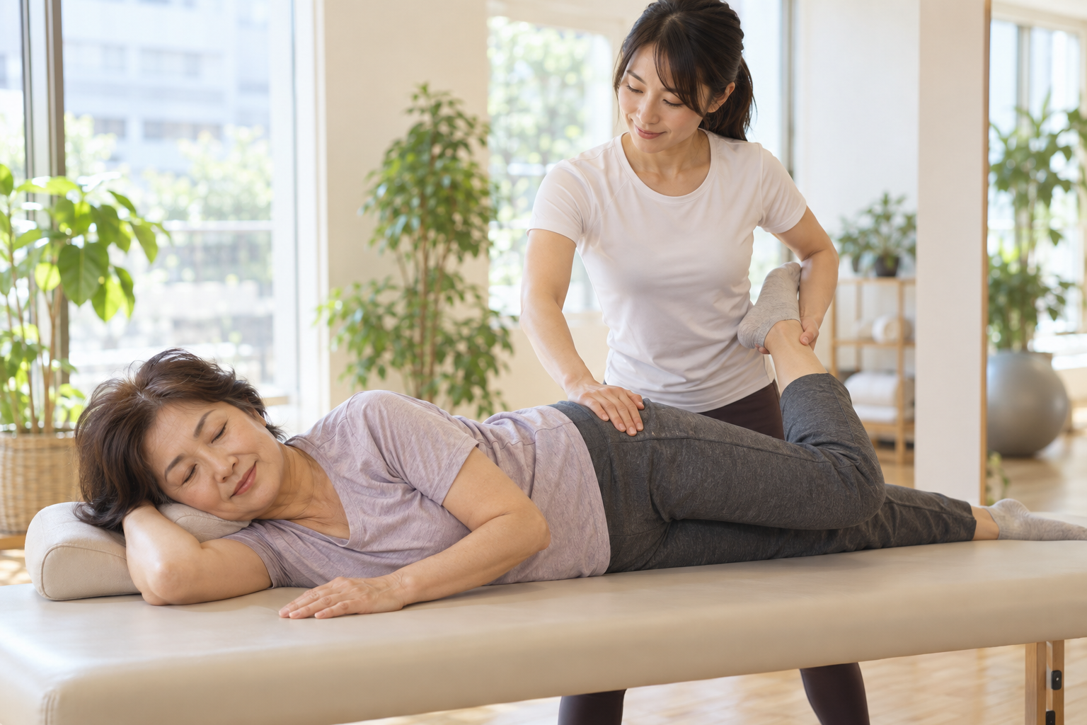 碧南のストレッチPisteでトレーナーに太ももの前をゆっくり伸ばしてもらう60代女性
