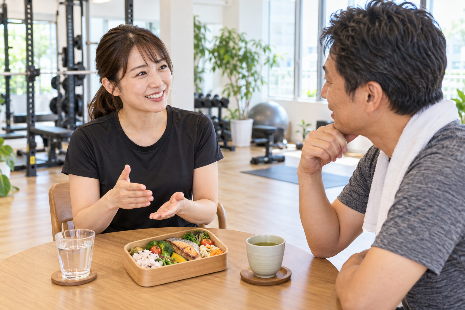 碧南市のジムPisteでトレーナーが脂肪肝対策の食事とお酒の量を会員にアドバイスする様子