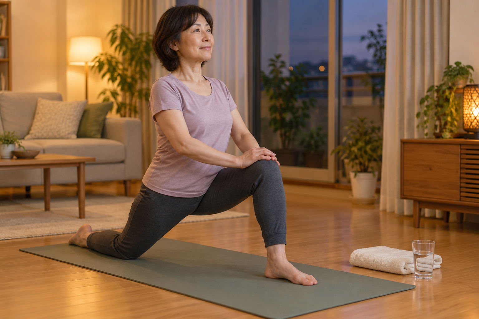自宅で片膝立ちの姿勢になり股関節の付け根を伸ばすストレッチをする50代の女性