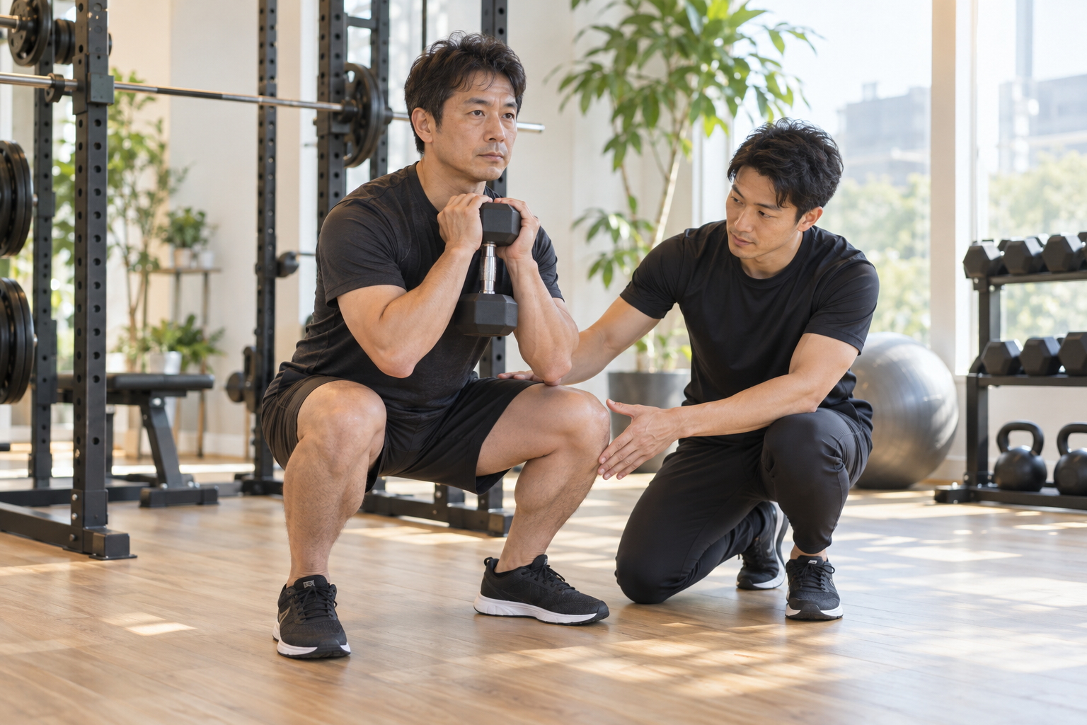 碧南のジムPisteでトレーナーにフォームを見てもらいながらスクワットをする40代男性