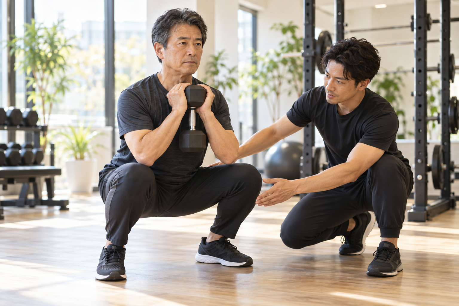 碧南のパーソナルトレーニングPisteでトレーナーにフォームを見てもらいながらスクワットをする50代男性