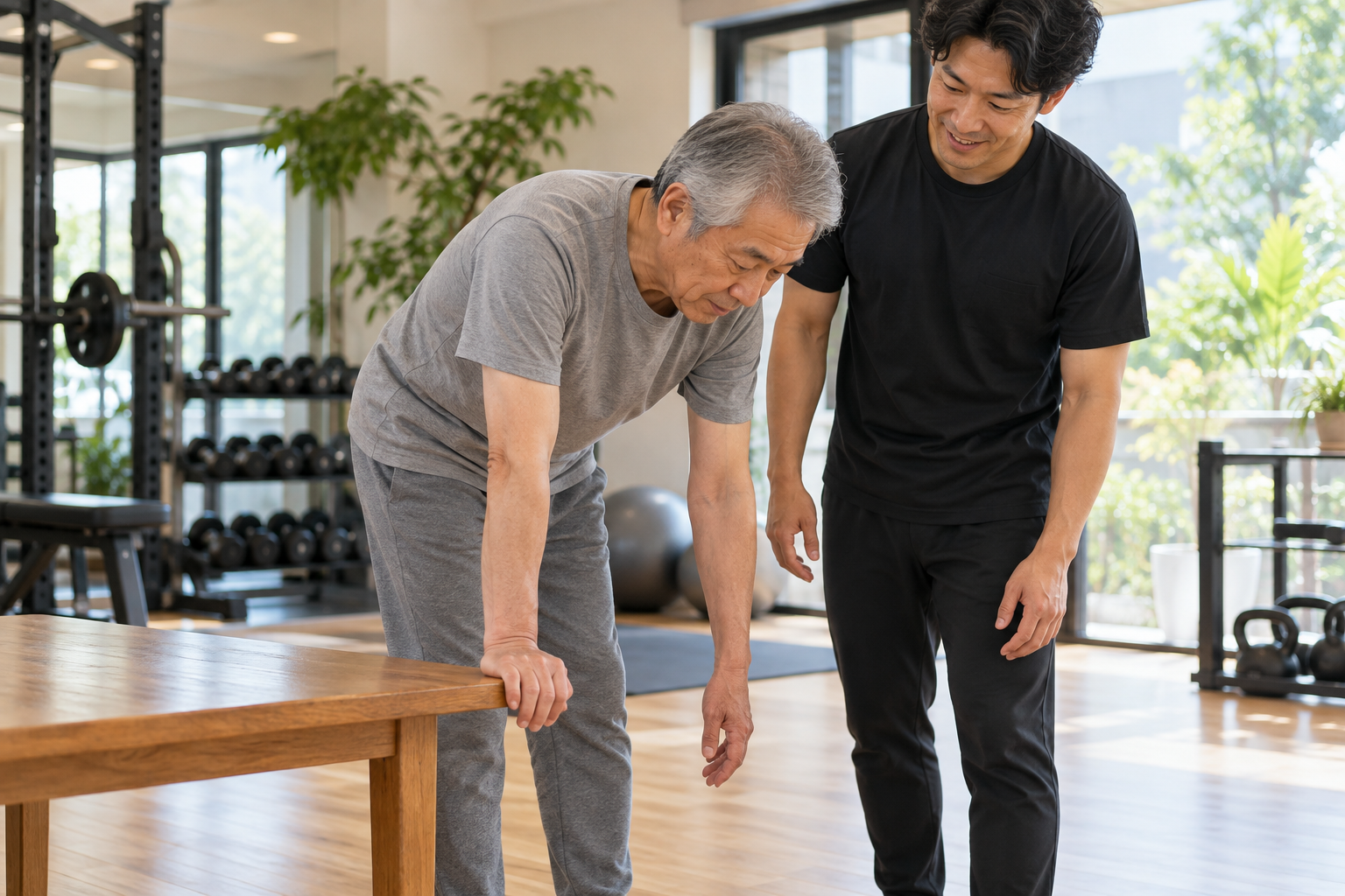 碧南のストレッチPisteで机に手をついて腕を揺らす振り子運動を行う60代の男性