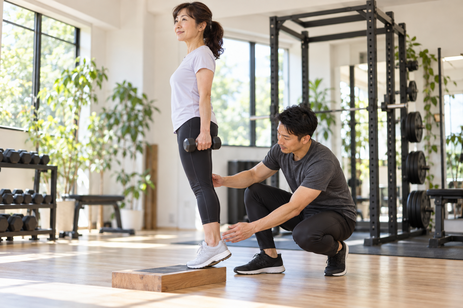 碧南のパーソナルジムPisteでトレーナーにフォームを見てもらいながらかかと上げをする40代女性