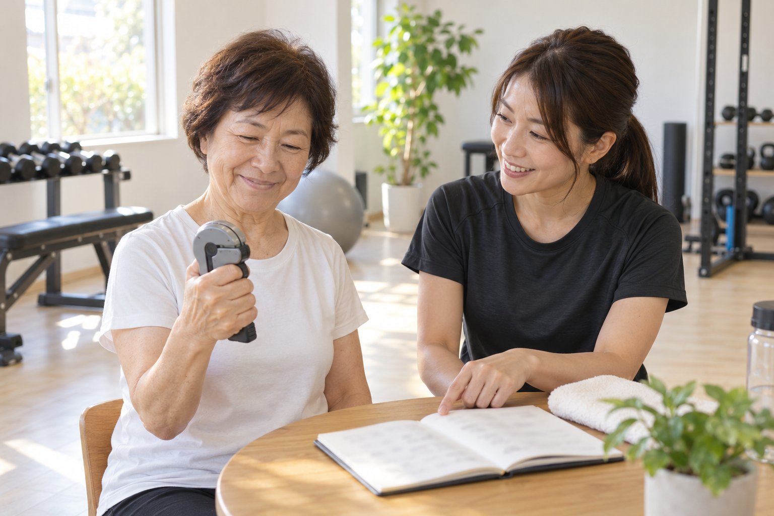 碧南のパーソナルトレーニングPisteで握力測定の結果をトレーナーと確認する60代の女性