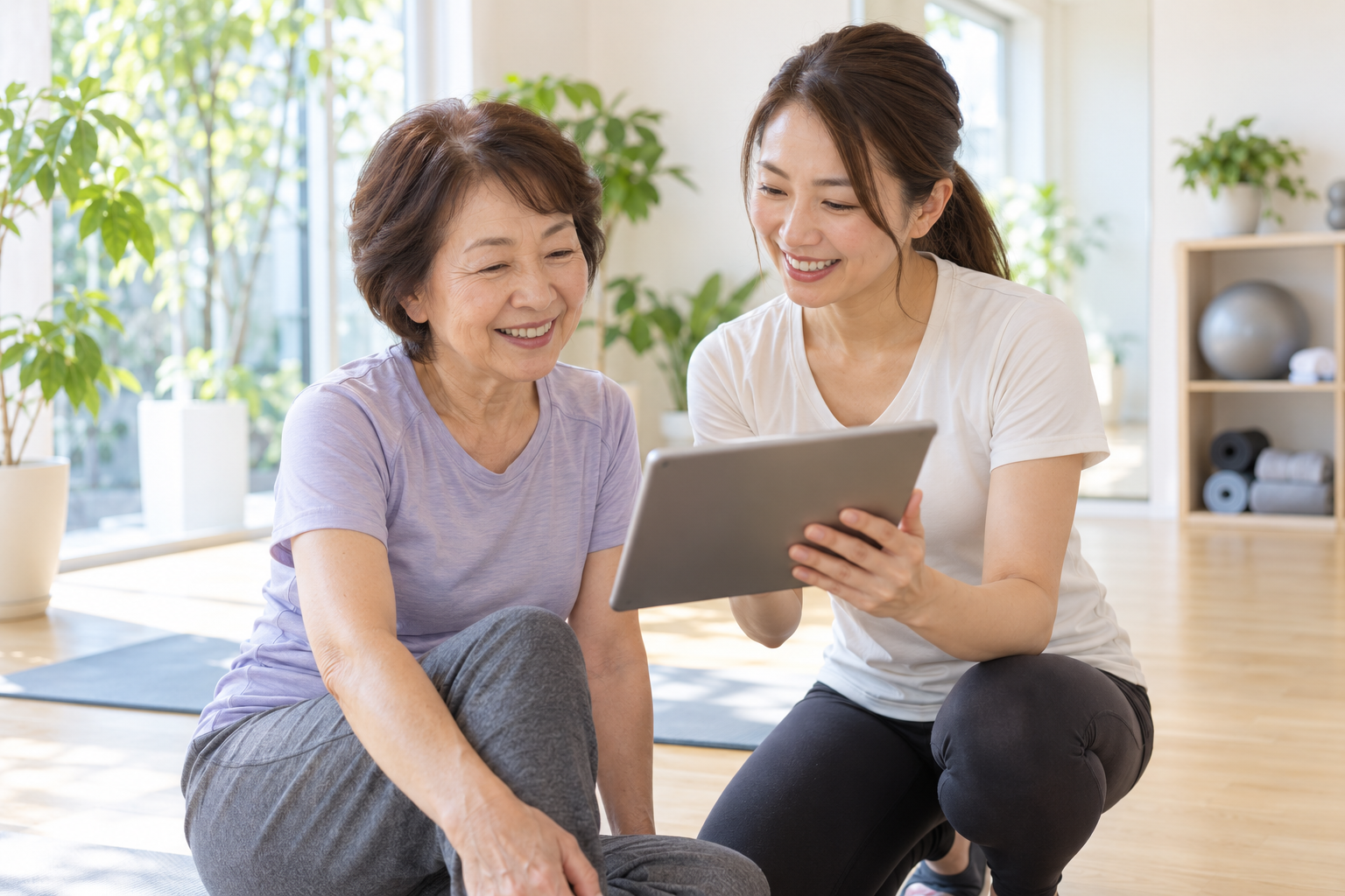 碧南のストレッチPisteで3か月後の測定結果をトレーナーと確認して笑顔になる60代女性
