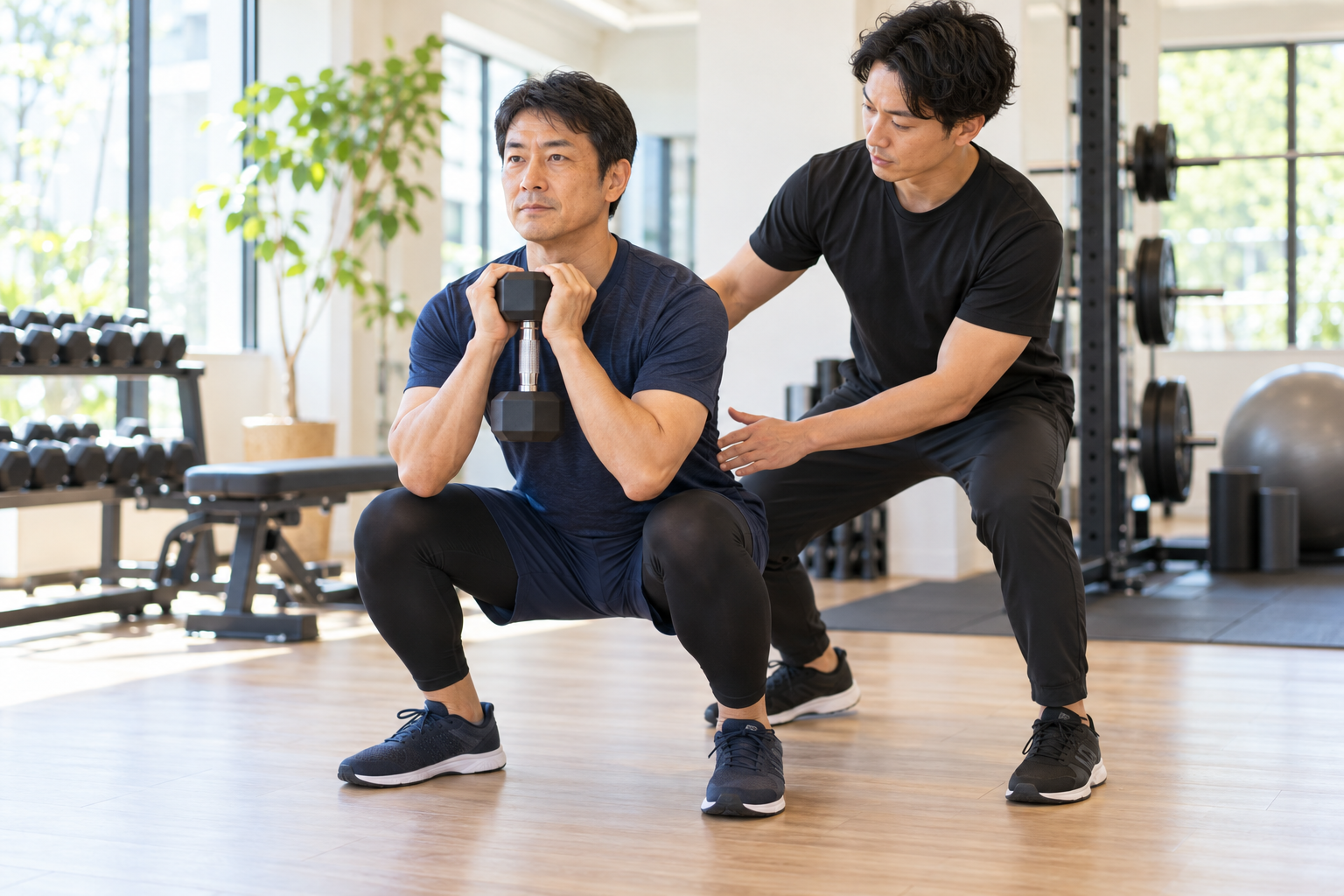 碧南市のジムPisteでトレーナーが40代の男性にダンベルを使った筋トレのフォームを指導するパーソナルトレーニング