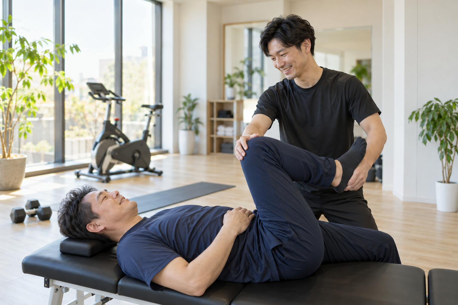 碧南のストレッチPisteでトレーナーがマンツーマンで股関節まわりのパーソナルストレッチを行う40代の男性