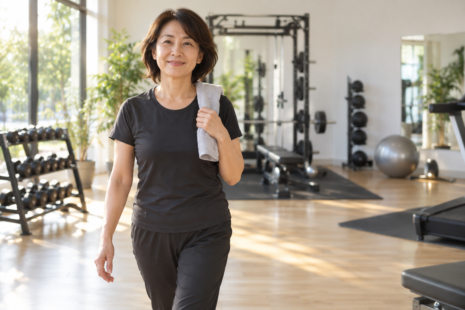 碧南のパーソナルジムPisteで姿勢が整い笑顔で歩く50代の女性